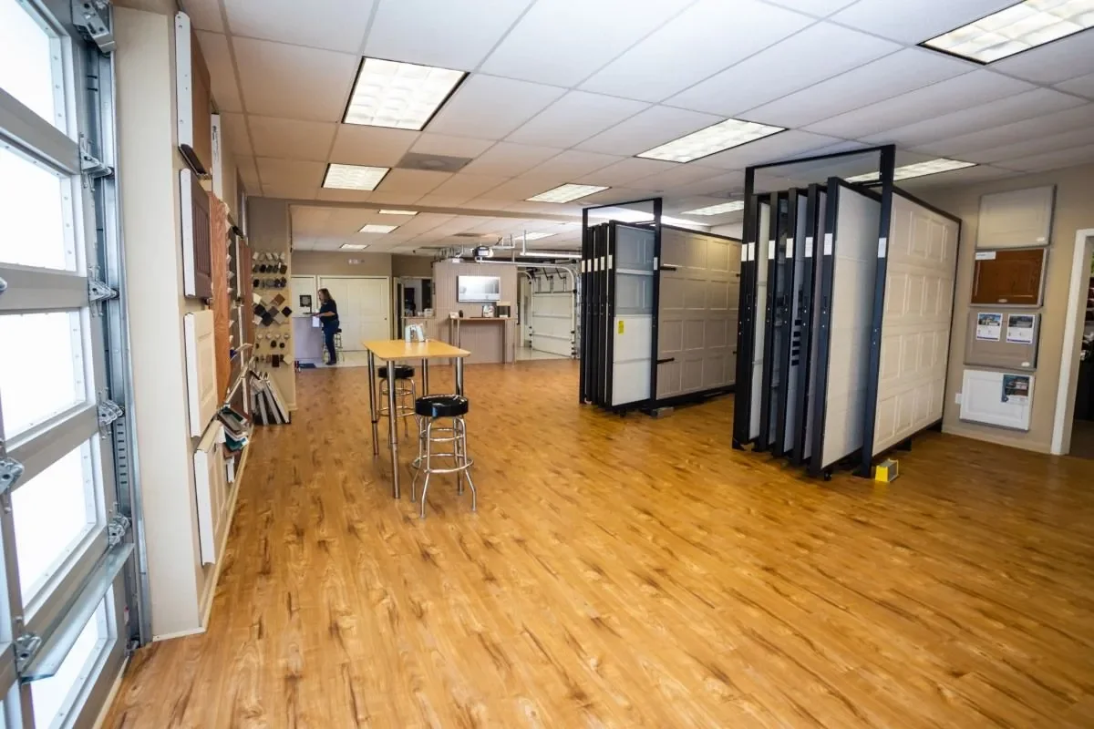 Garage door styles and finish samples on display