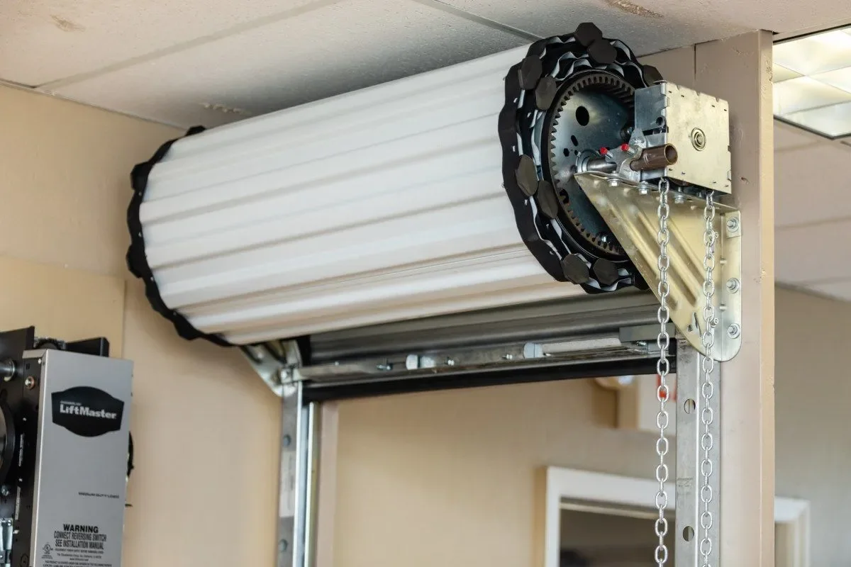 Roll-up door display showing the curtain and operating hardware